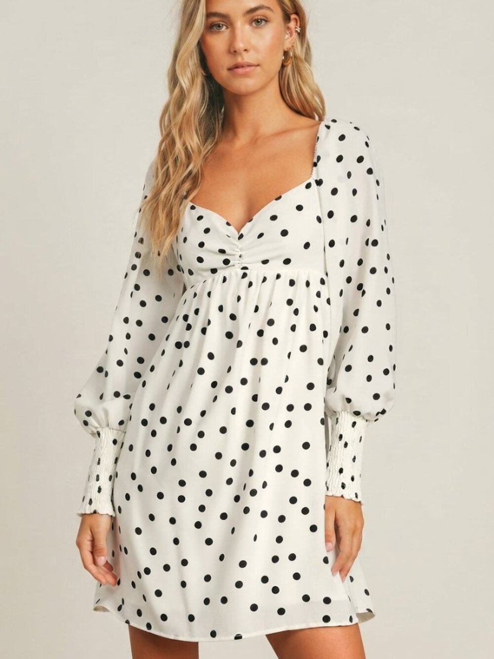New! Lulus Meet Me At Our Spot White Polka Dot Long Sleeve Dress M 57008
